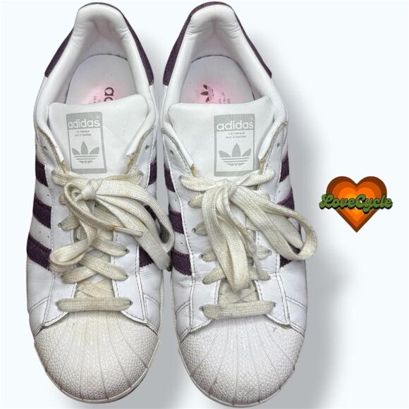 Women's Adidas Originals Superstar White & Collegiate Purple Sneakers – Size 9 - Picture 1 of 8